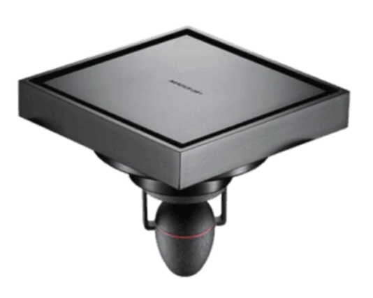 MAGdrain floor trap MDF36Q50-K, brushed brass with gun grey finish and Q50 odour-seal valve.