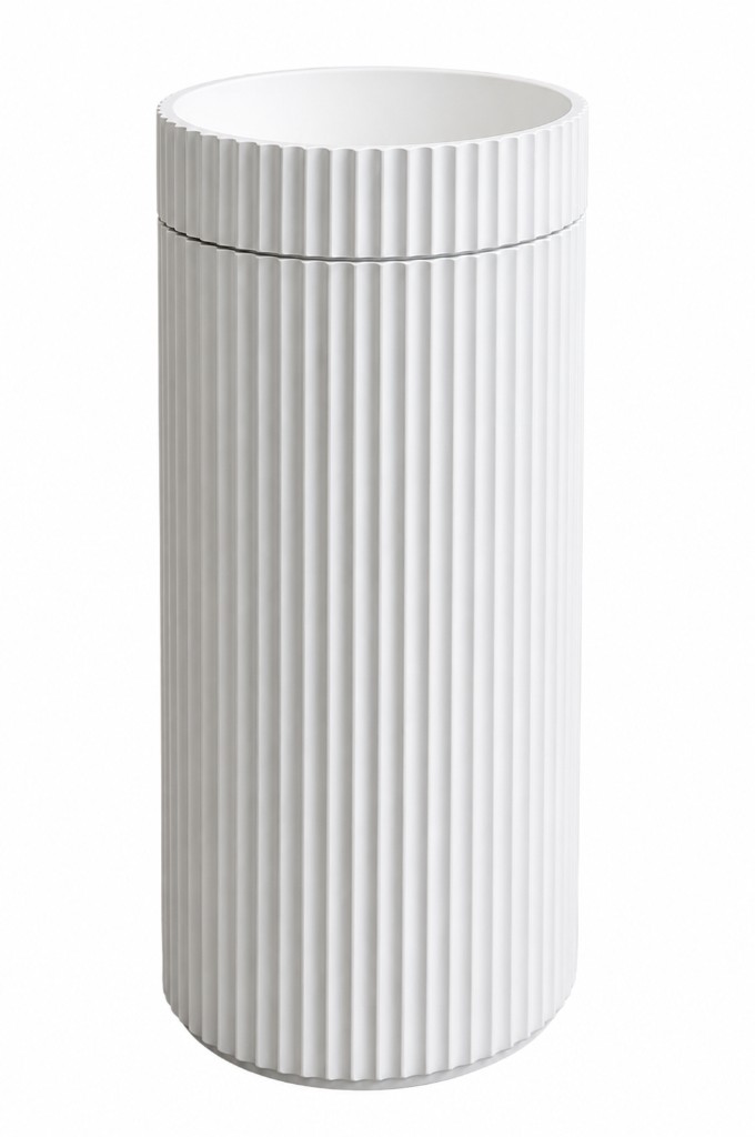 Aalto pedestal wash basin in matte white cast stone, fluted cylindrical form