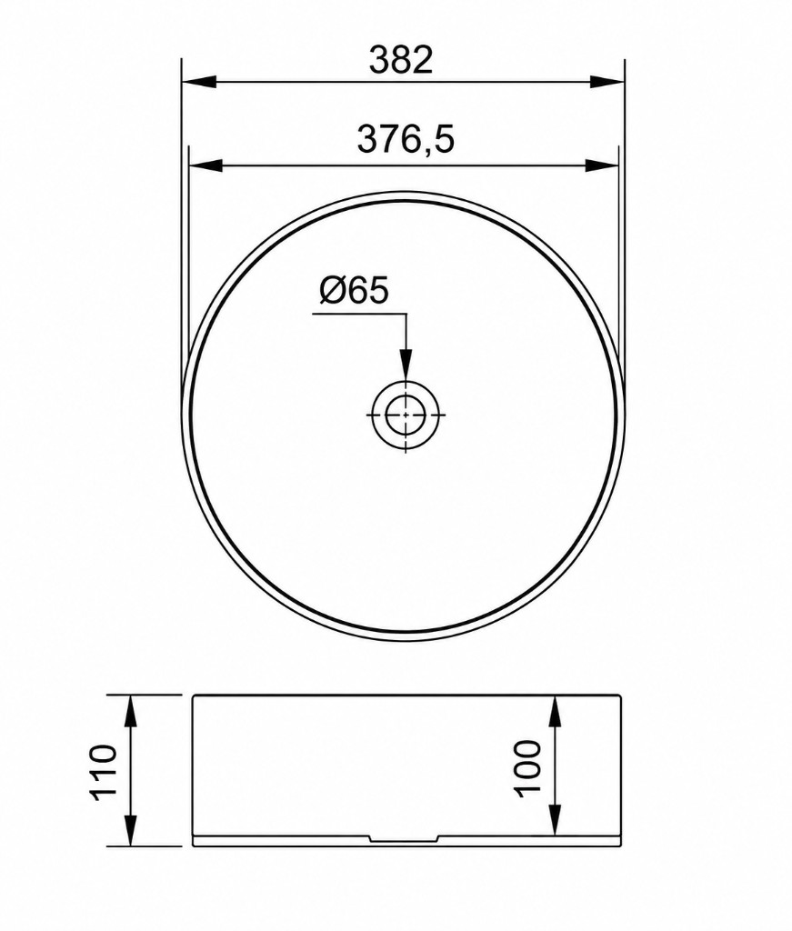 Aalto Abovecounter Basin plan and section with dimensions (mm)