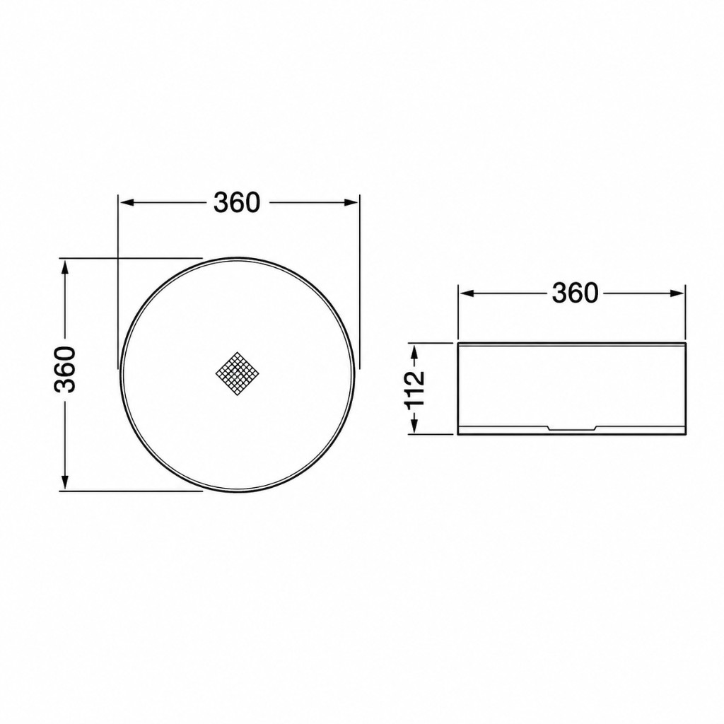 Aalto Abovecounter Basin plan and section with dimensions (mm)