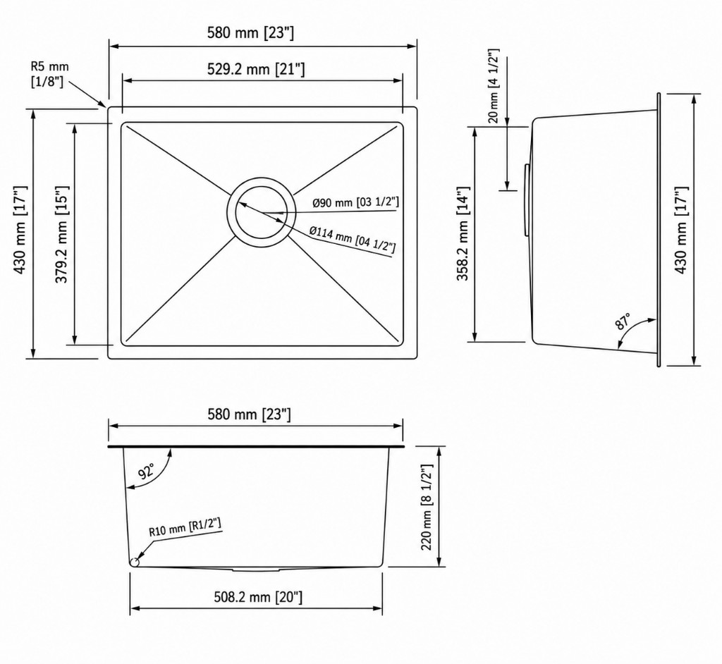 Aalto 5843 series plan, front, and side dimensions (mm and inches)