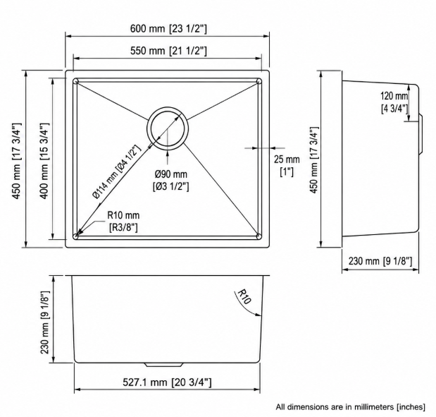 Aalto 6045 series plan, front, and side dimensions (mm and inches)