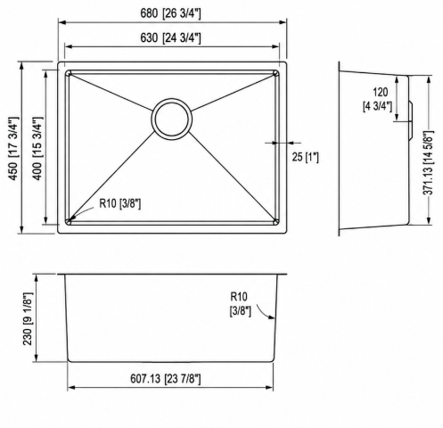 Aalto 6845 series plan, front, and side dimensions (mm and inches)