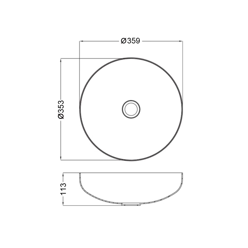 Aalto Wash Basin WBTD35 plan and section with dimensions (mm)