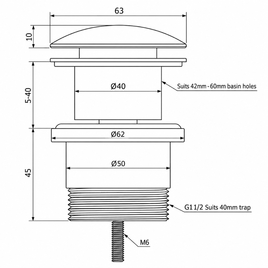 Avi Pop-Up Waste technical dimensions diagram