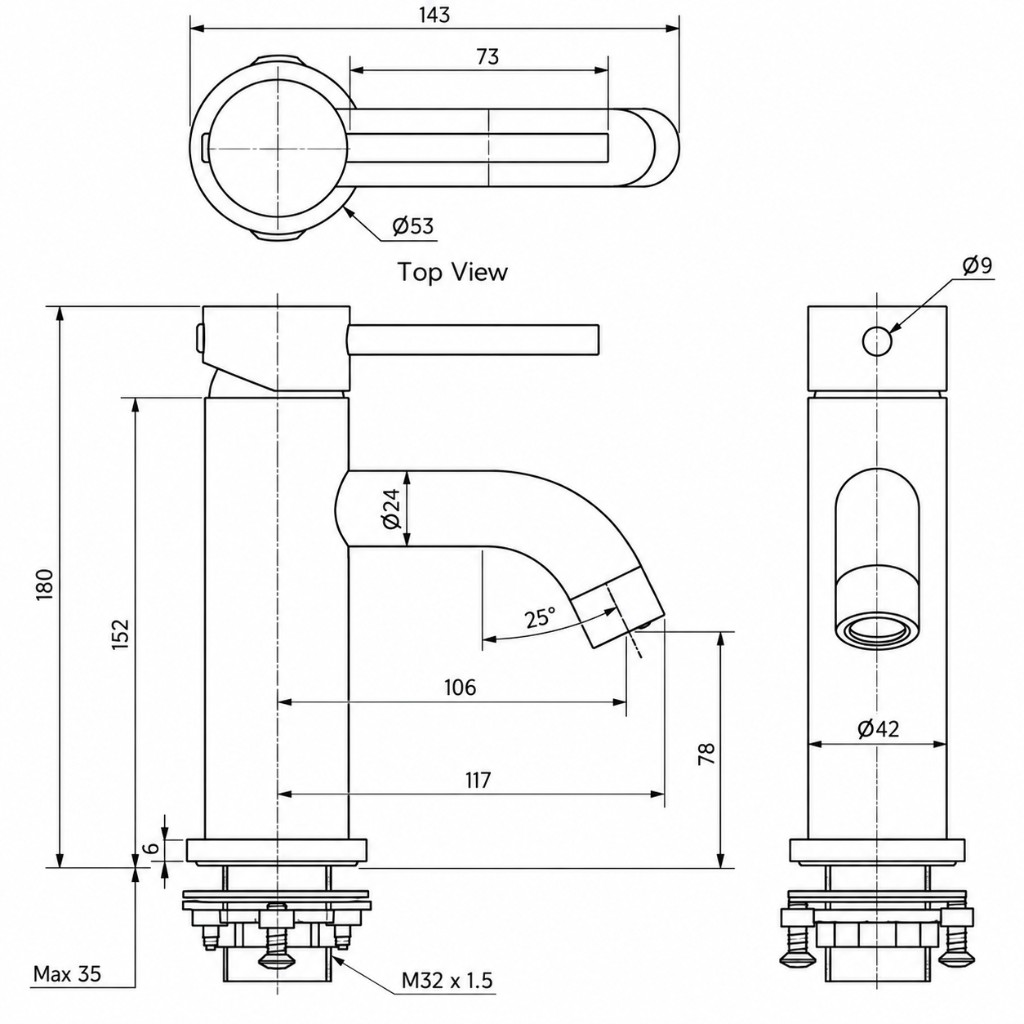 Elysian Basin Mixer technical dimensions diagram