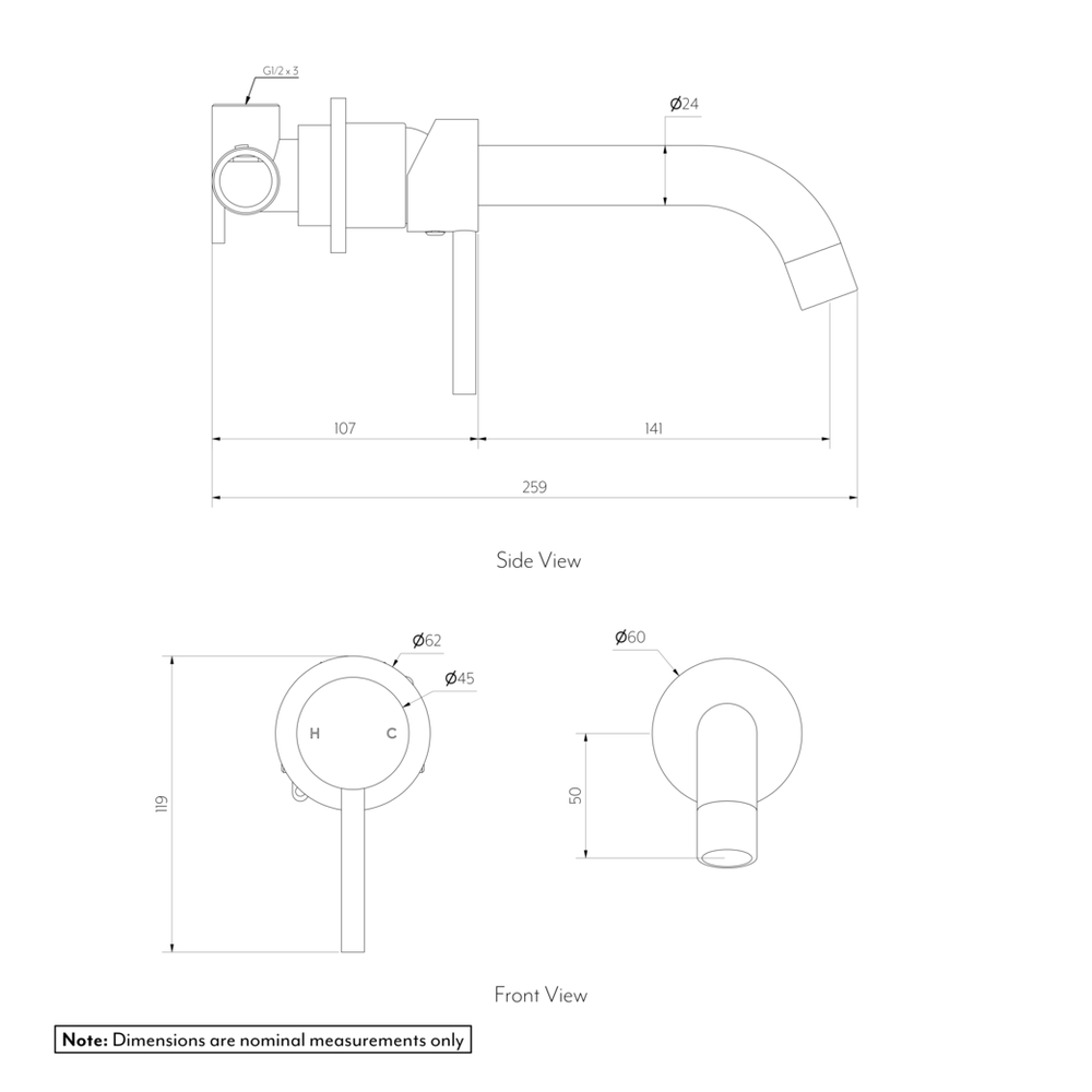 Elysian Minimal Mixer and Spout Set: side and front views with nominal dimensions in millimetres