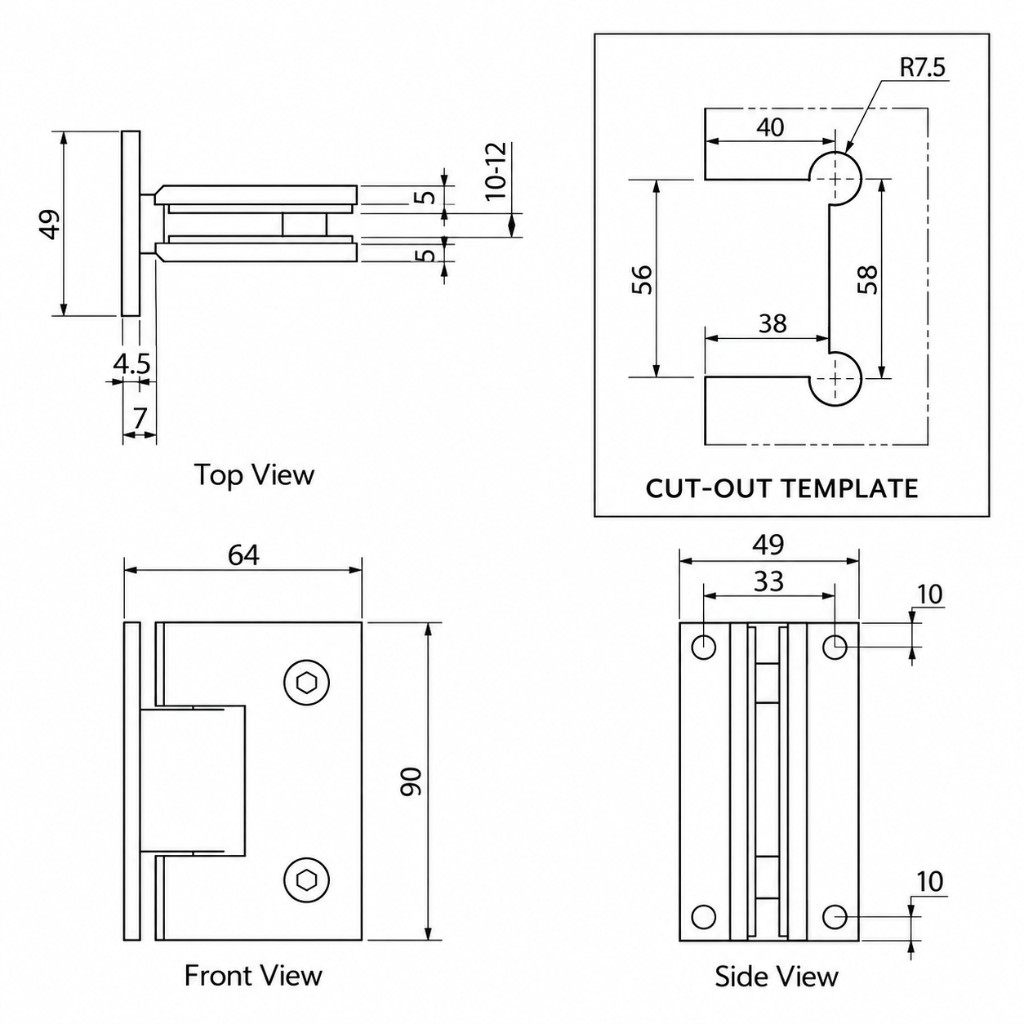 Kenzie Glass to Wall Shower Hinge technical dimensions diagram