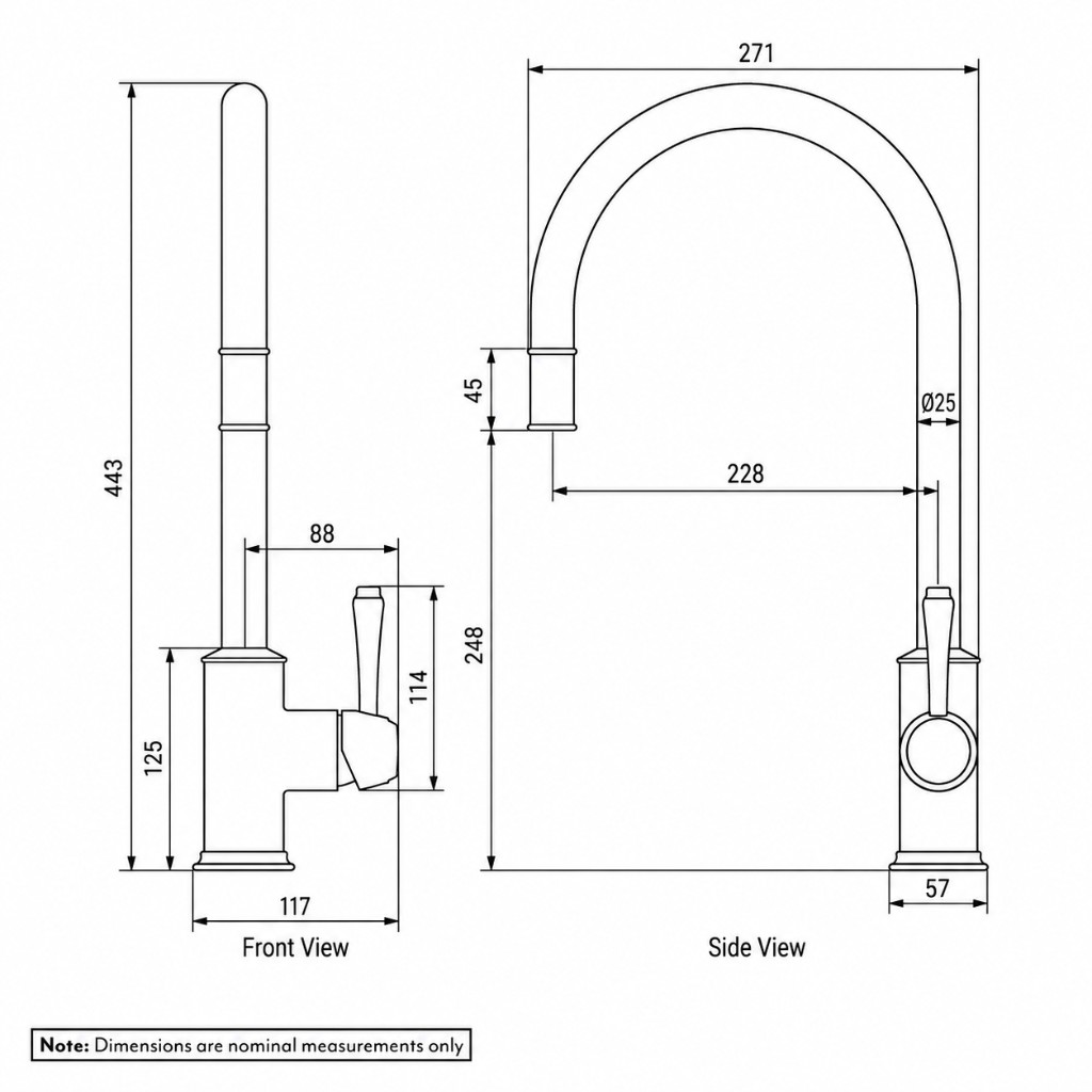 Kingsley Commercial Pull-Out Kitchen Mixer technical dimensions diagram