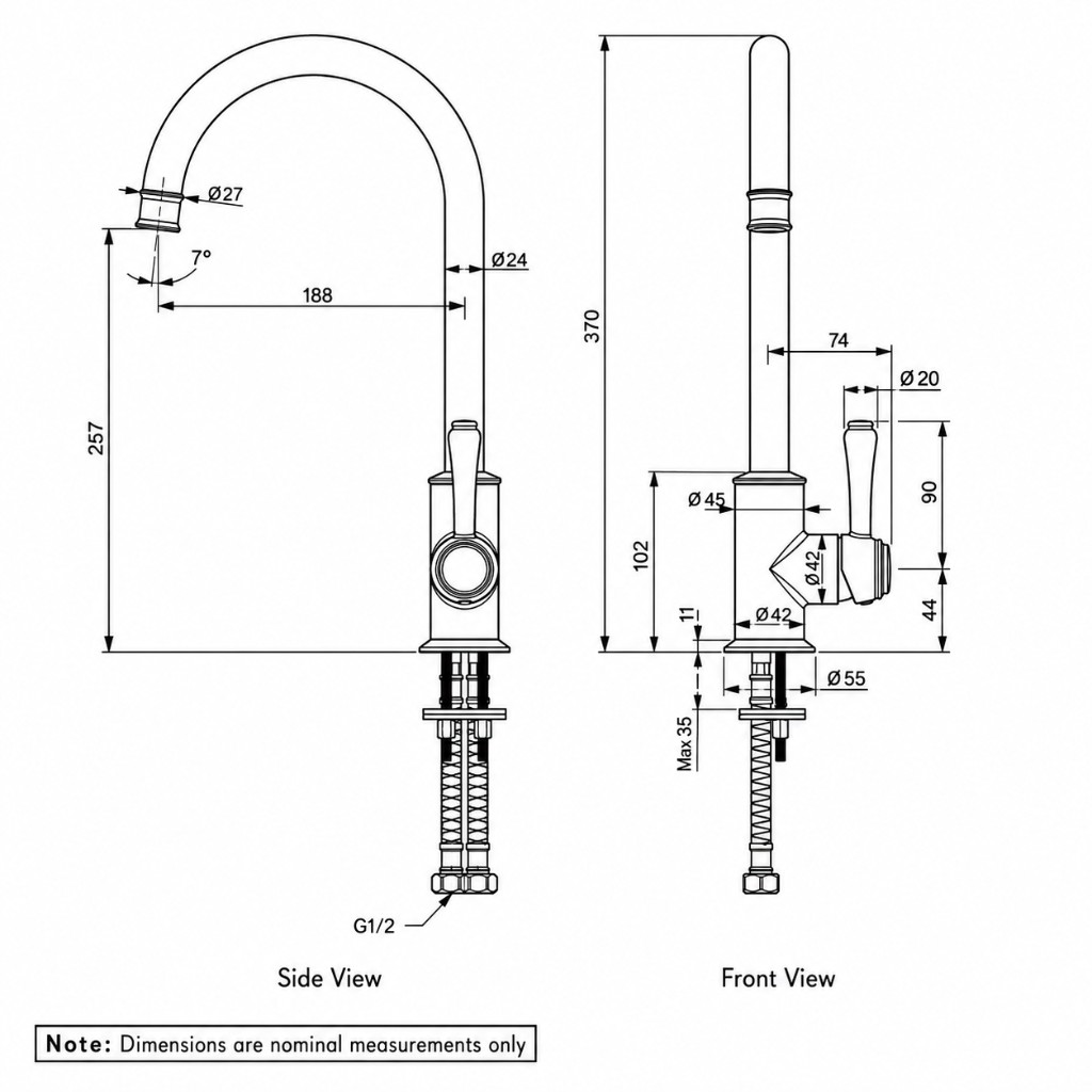 Kingsley Kitchen Mixer: side and front views with nominal dimensions in millimetres