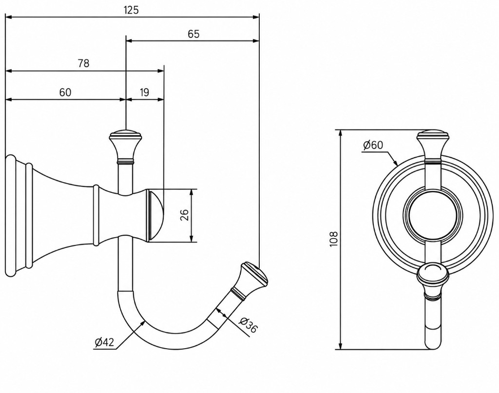 Kingsley Robe Hook: side and front views with nominal dimensions in millimetres