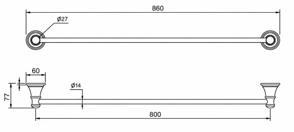 Kingsley Single Towel Rail: plan and elevation with nominal dimensions in millimetres