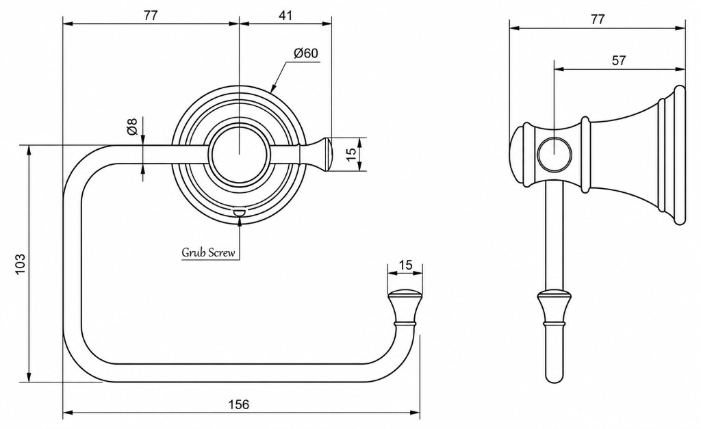 Kingsley Toilet Roll Holder: front and side views with nominal dimensions in millimetres