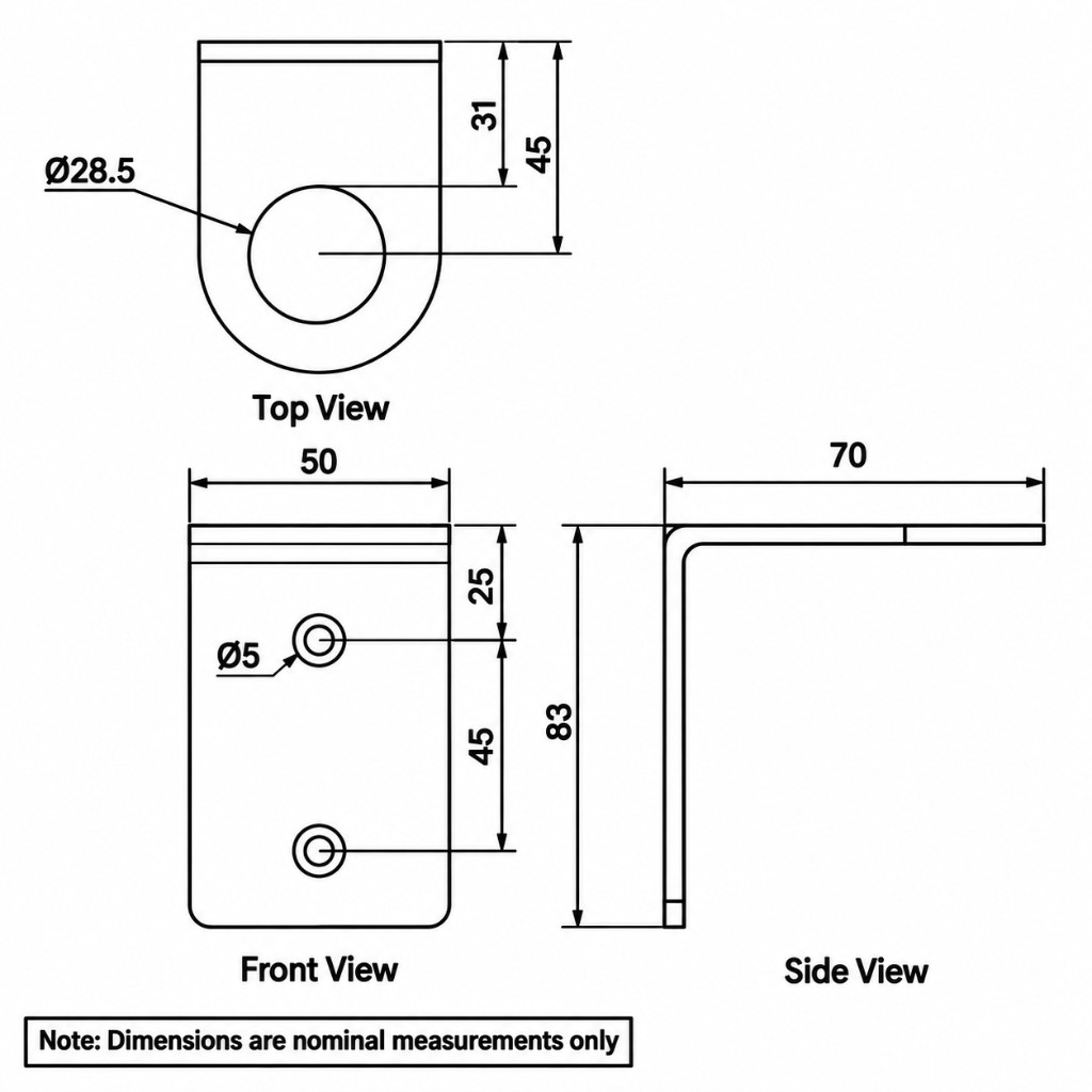 Lira Soap Bottle Holder: top, front and side views with nominal dimensions in millimetres