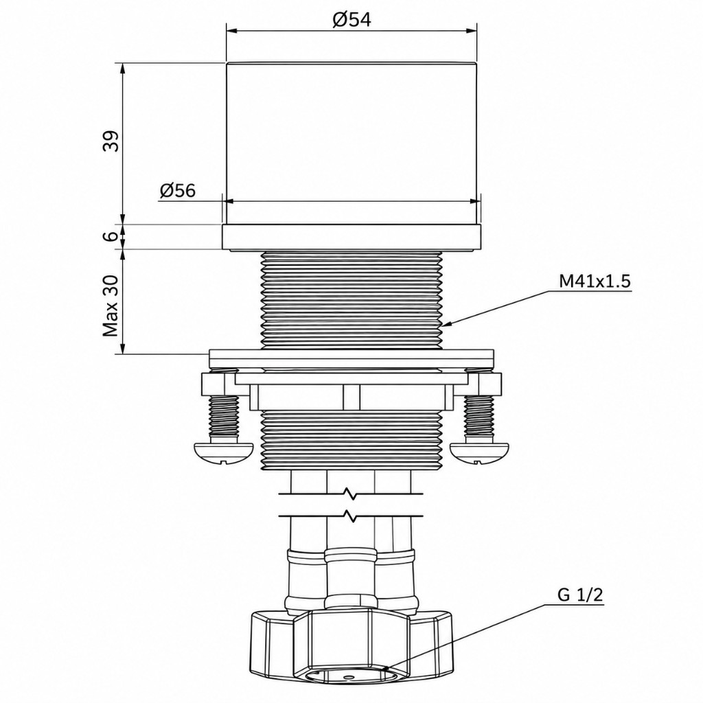 Milani Progressive Hob Mixer section: body 39 mm by diameter 54 mm, backplate 6 mm by diameter 56 mm, max bench 30 mm, M41x1.5 thread, G 1/2 outlet