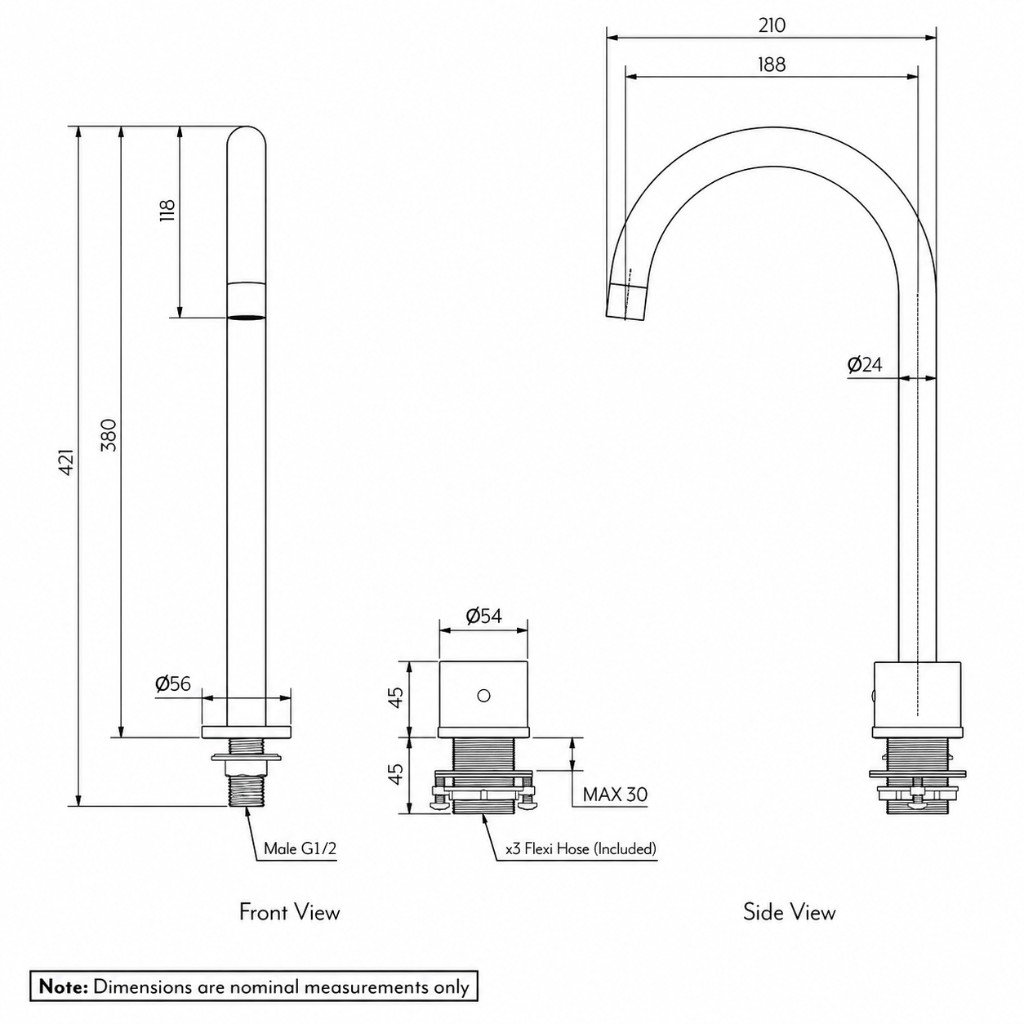 Milani Swivel Bench Mounted Mixer Set: front and side views with nominal dimensions in millimetres