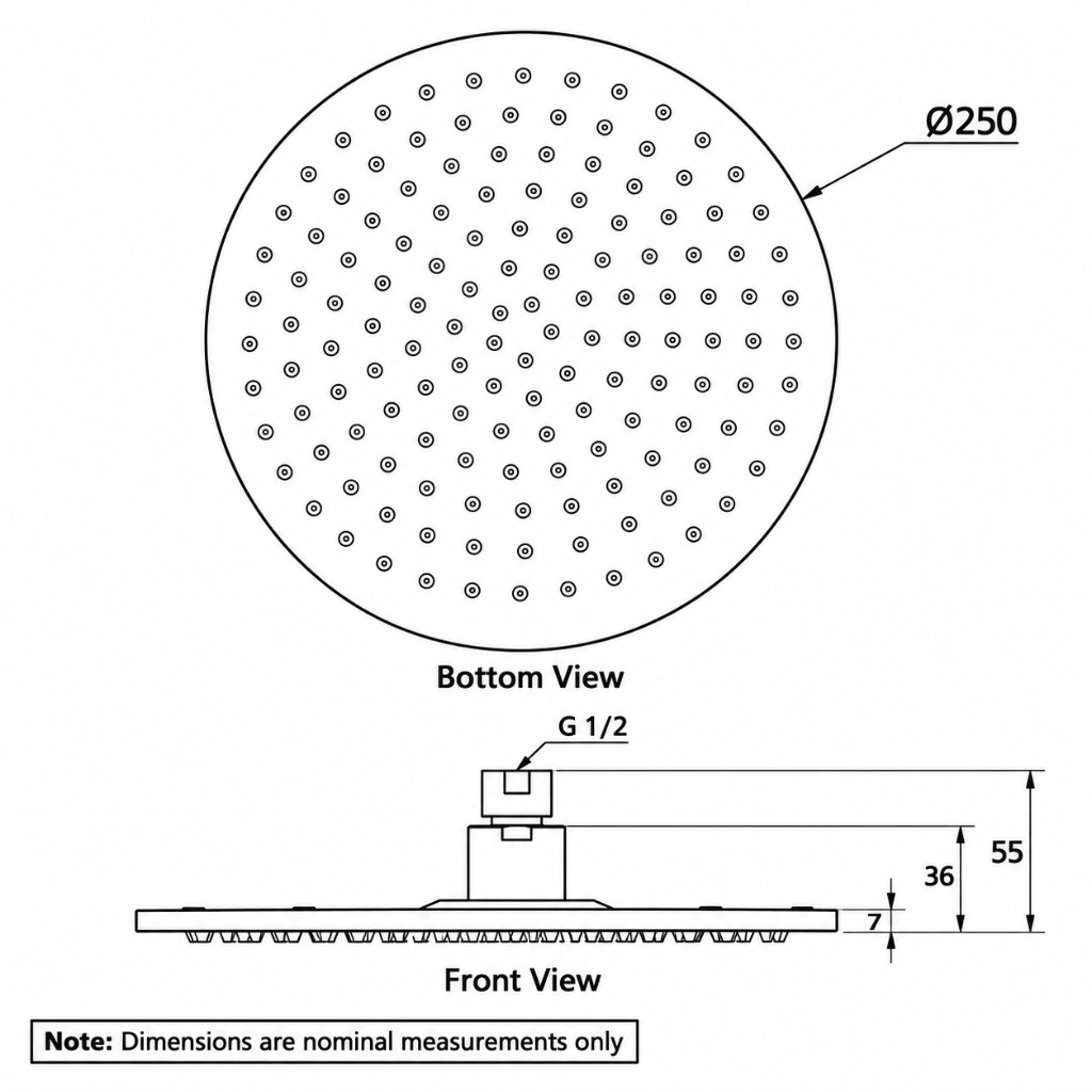 Shower Head Round 250mm technical dimensions diagram