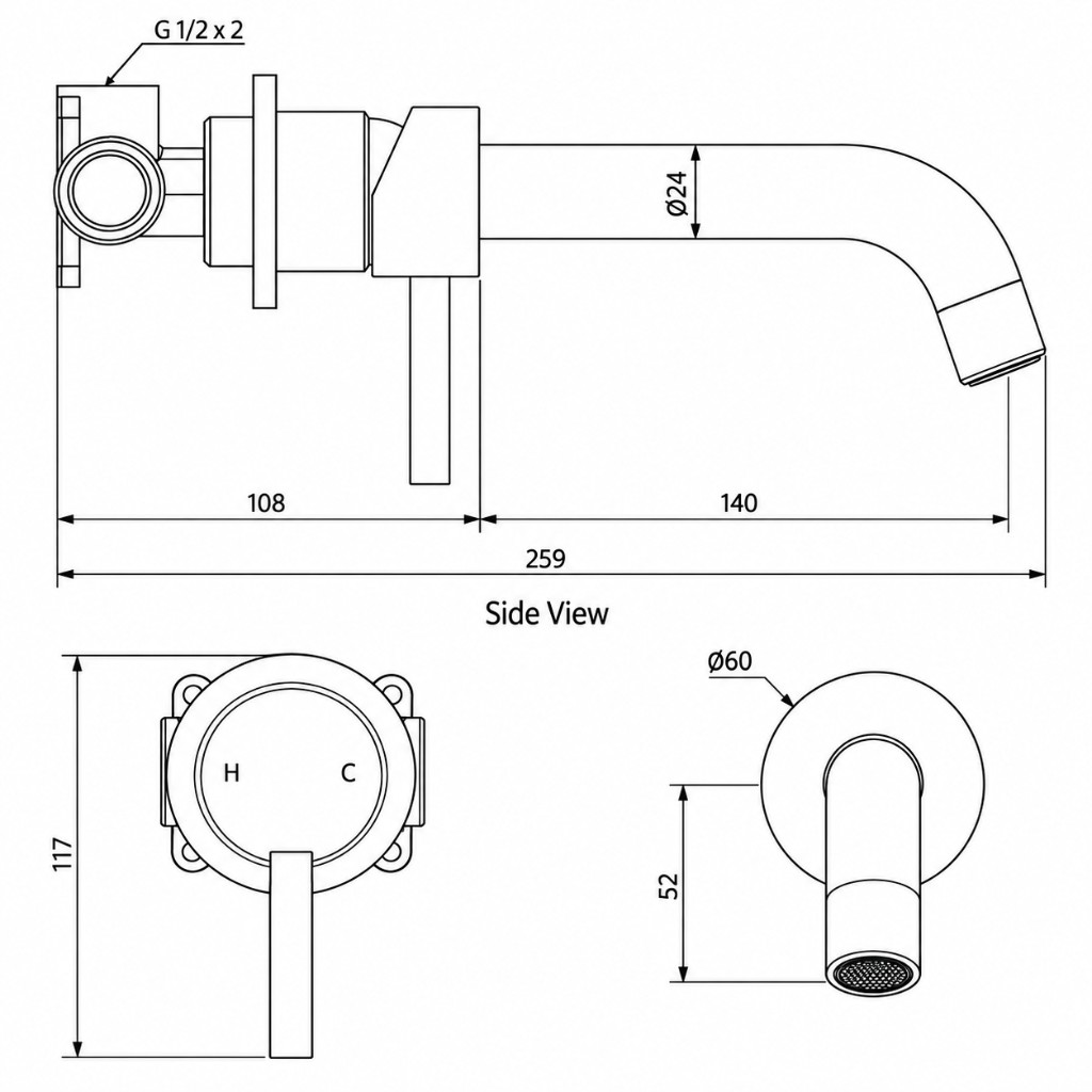 Sola 316 Minimal Mixer and Spout Set technical dimensions diagram
