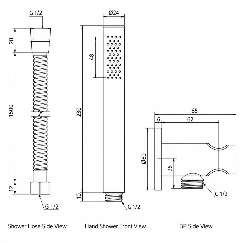 Sola 316 Hand Shower Set technical dimensions diagram