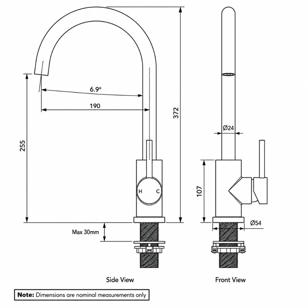 Sola 316 Kitchen Mixer technical dimensions diagram
