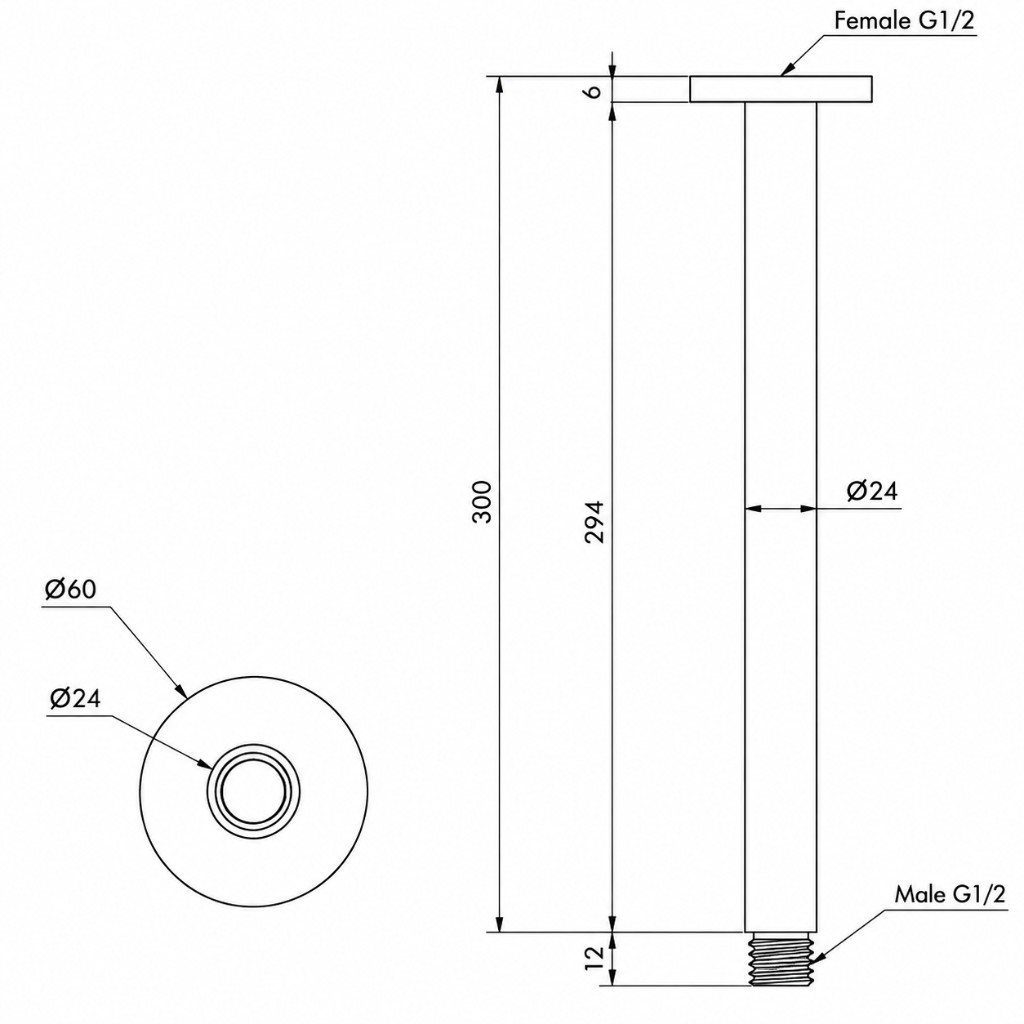 Sola 316 Shower Dropper Round 300mm technical dimensions diagram