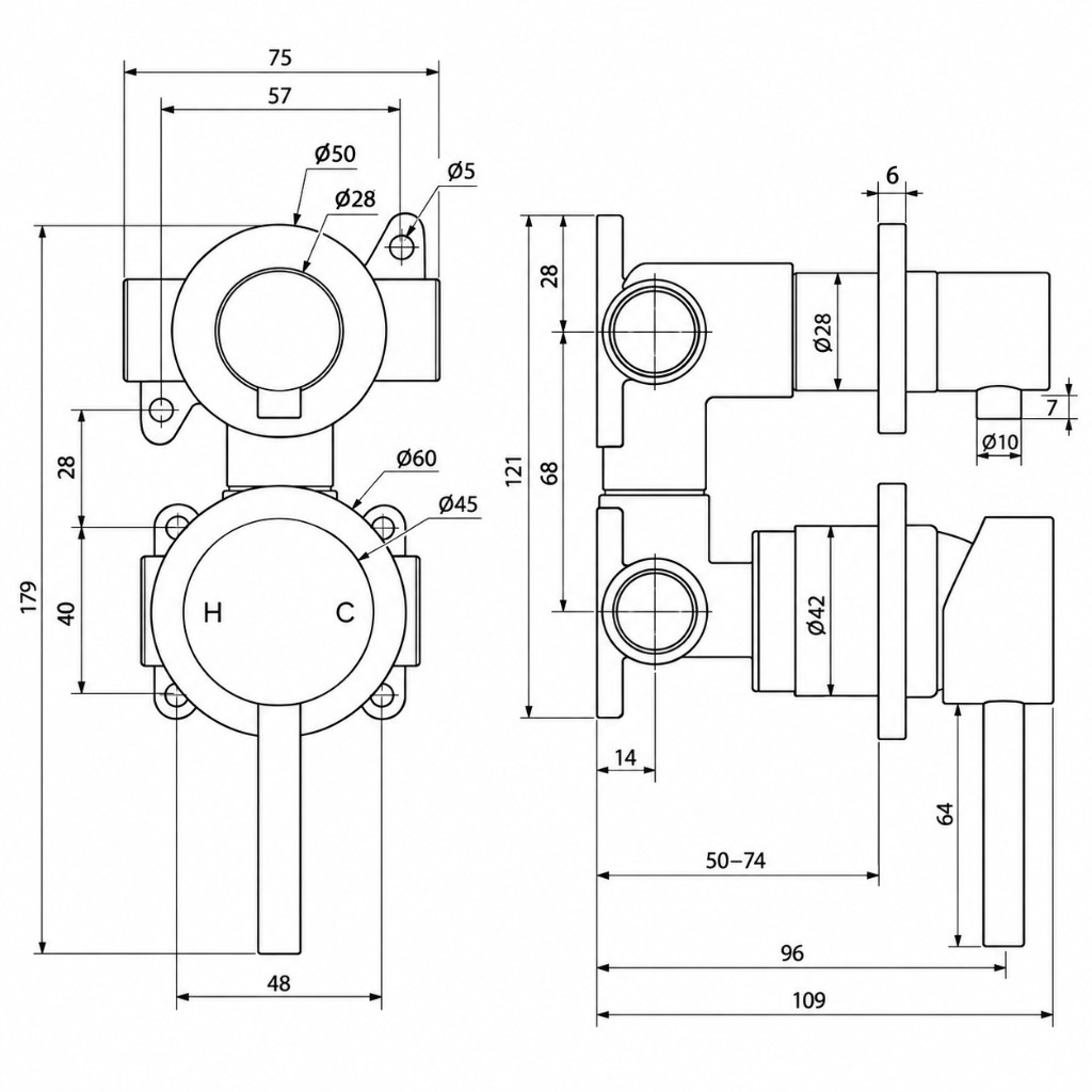 Sola 316 Shower Top Diverter technical dimensions diagram