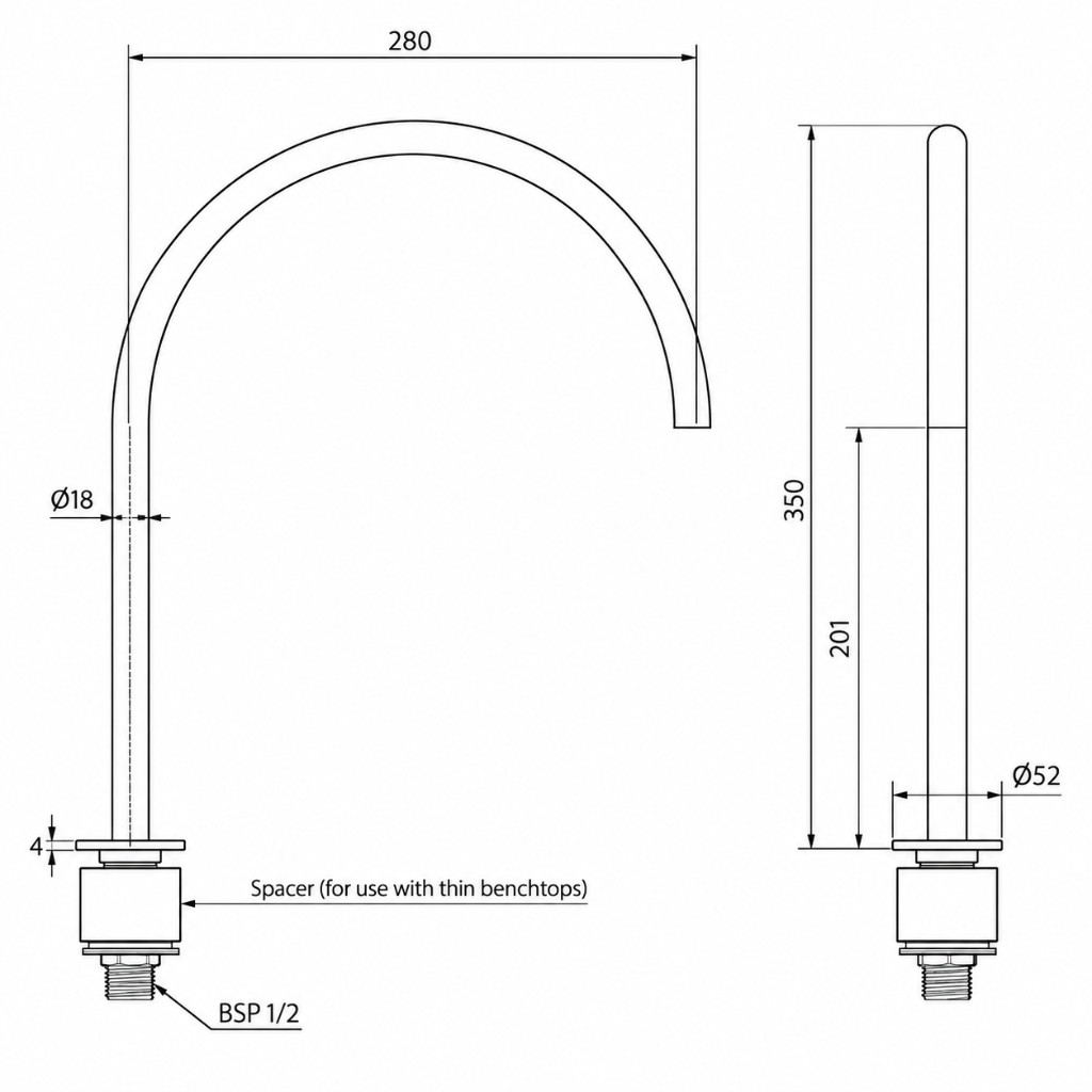 Thin Bench Mounted Spout specification: reach 280 mm, height 350 mm, spout diameter 18 mm, baseplate diameter 52 mm, BSP 1/2 inlet, spacer for thin benchtops