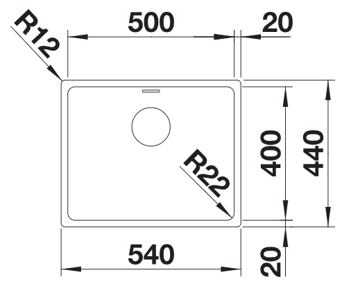 BLANCO ANDANO 500-IF plan: overall rim 540 by 440 mm and inner bowl 500 by 400 mm
