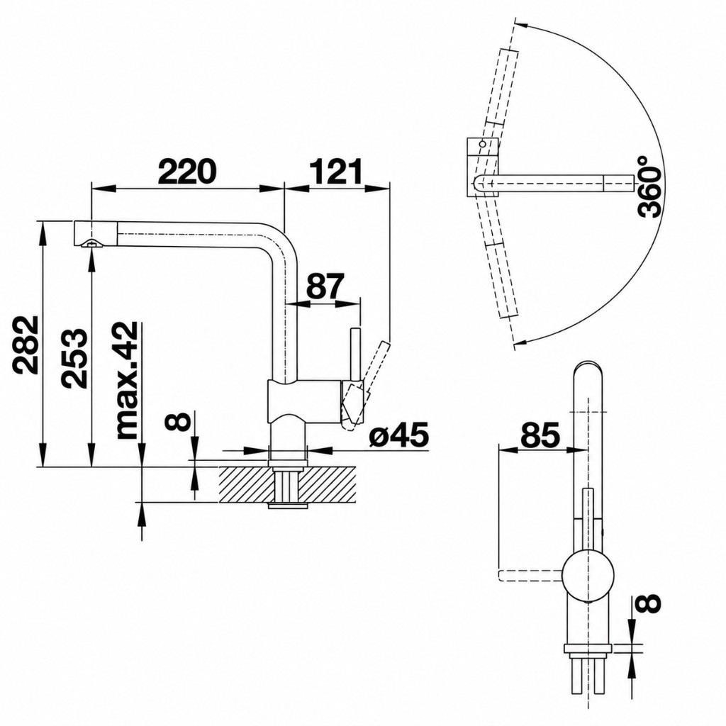 BLANCO LINUS kitchen sink mixer technical dimensions diagram