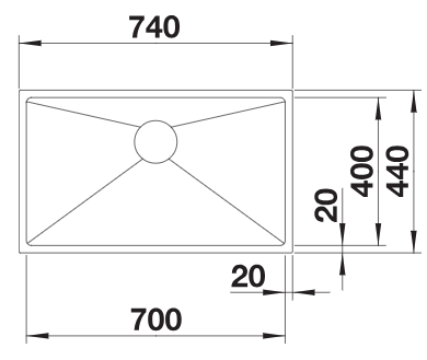 BLANCO QUATRUS 700-IU plan view with overall and bowl dimensions