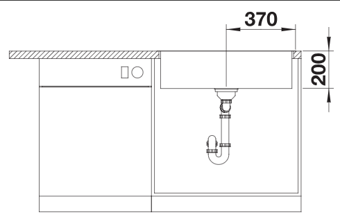 BLANCO QUATRUS 700-IU front elevation showing bowl depth and drain offset