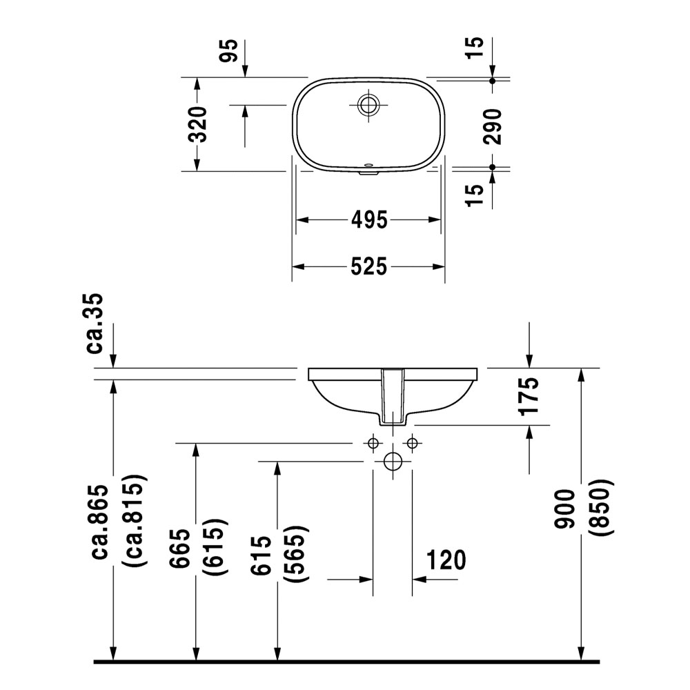 Duravit D-Code 033849 plan, elevation and installation dimensions (mm)