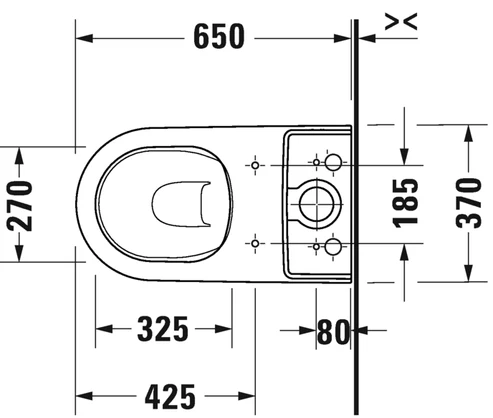Duravit D-Neo Rimless close coupled toilet plan view with dimensions (mm)