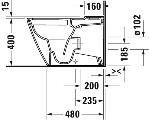 Duravit D-Neo Rimless close coupled toilet side profile with dimensions (mm)