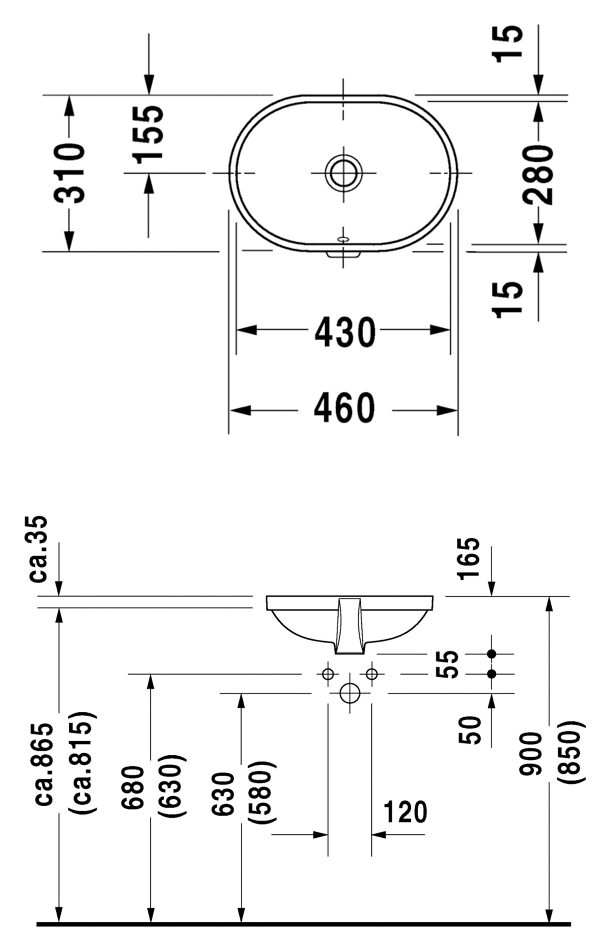 Duravit Foster 033643 plan, elevation and installation dimensions