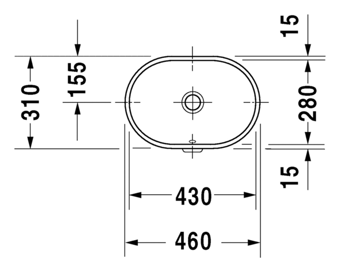 Duravit Foster 033643 plan: 460 by 310 mm overall, 430 by 280 mm internal, 15 mm rim, drain centred 155 mm from the back edge