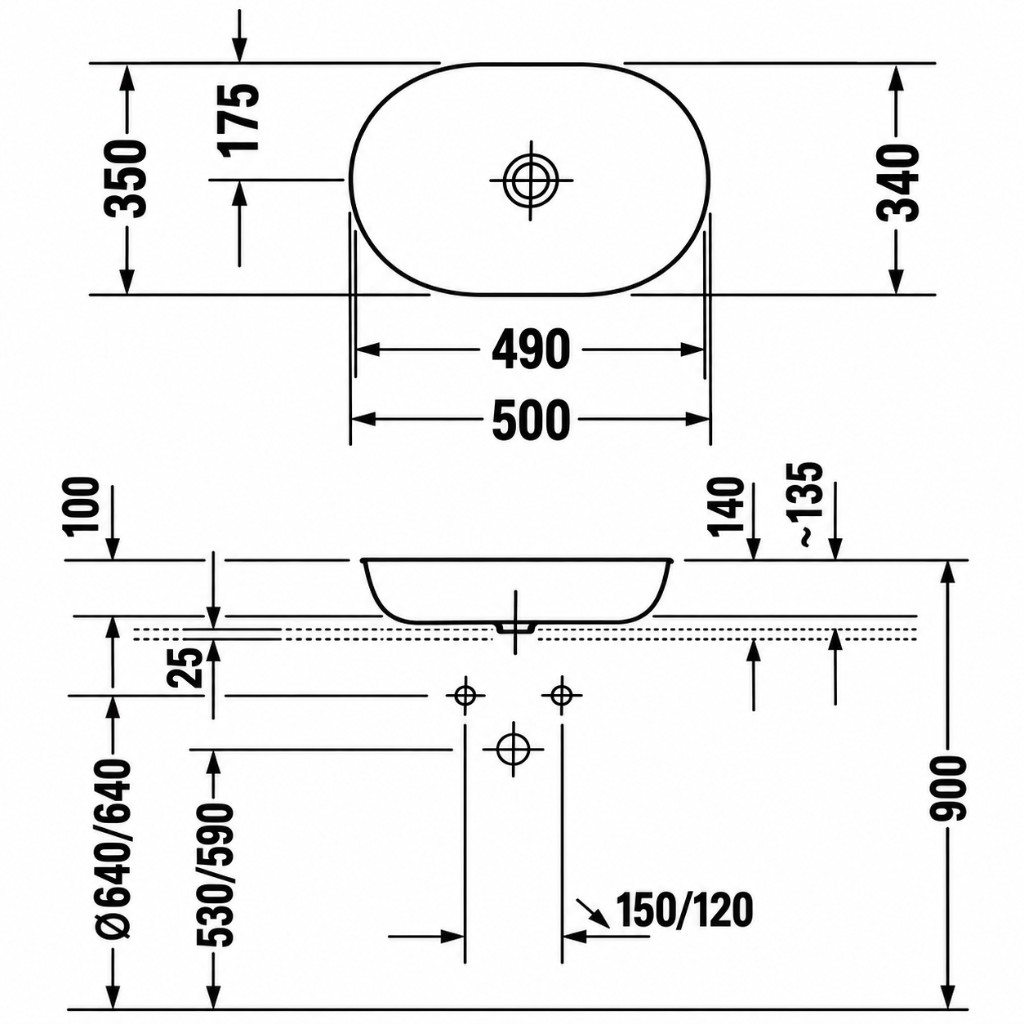 Duravit LUV 037950 plan, elevation and installation dimensions
