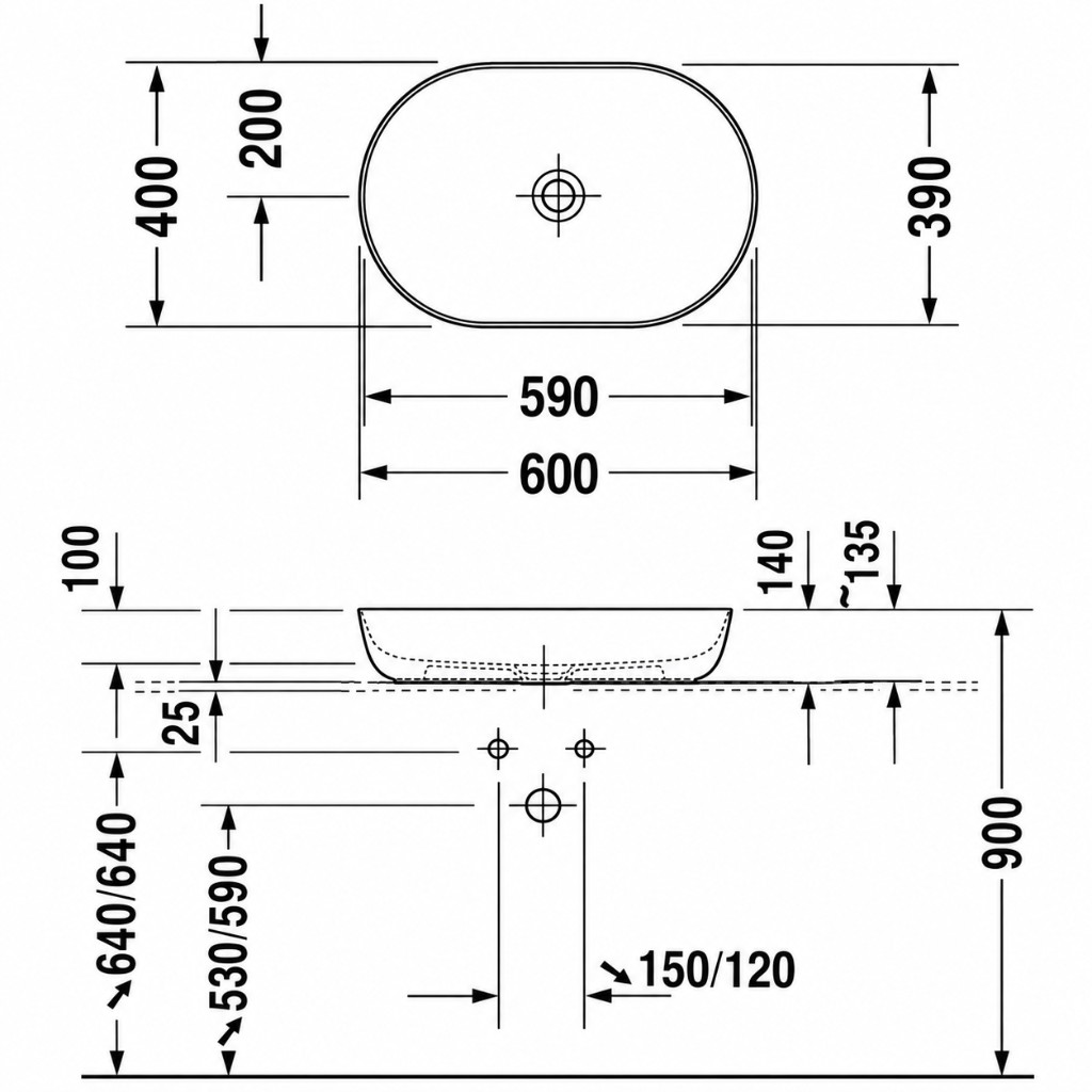 Duravit LUV 037960 plan, elevation and installation dimensions