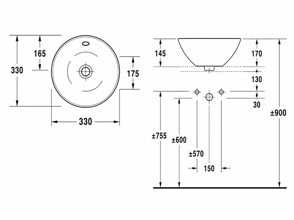 Duravit Starck 1 040833 plan, elevation and installation dimensions (mm)