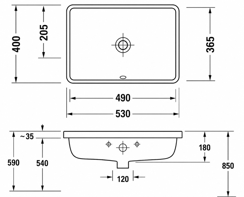 Duravit Starck 3 030549 plan, elevation and installation dimensions (mm)
