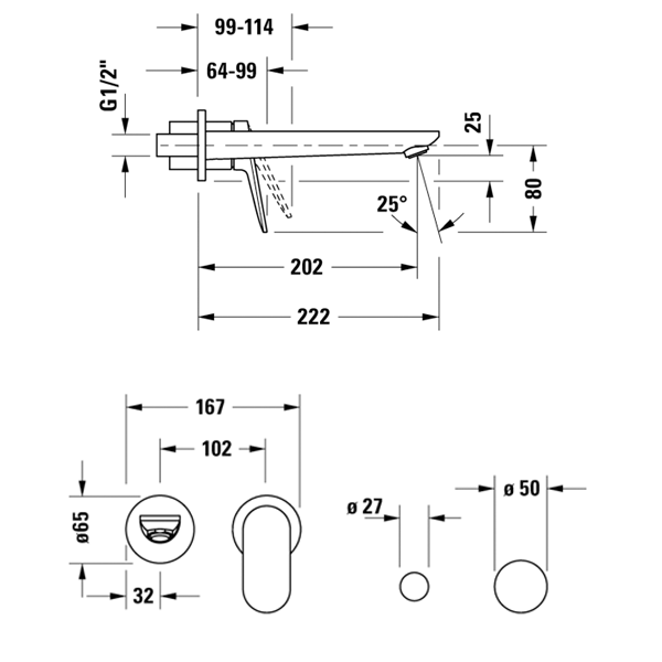 Duravit Wave concealed basin mixer technical dimensions