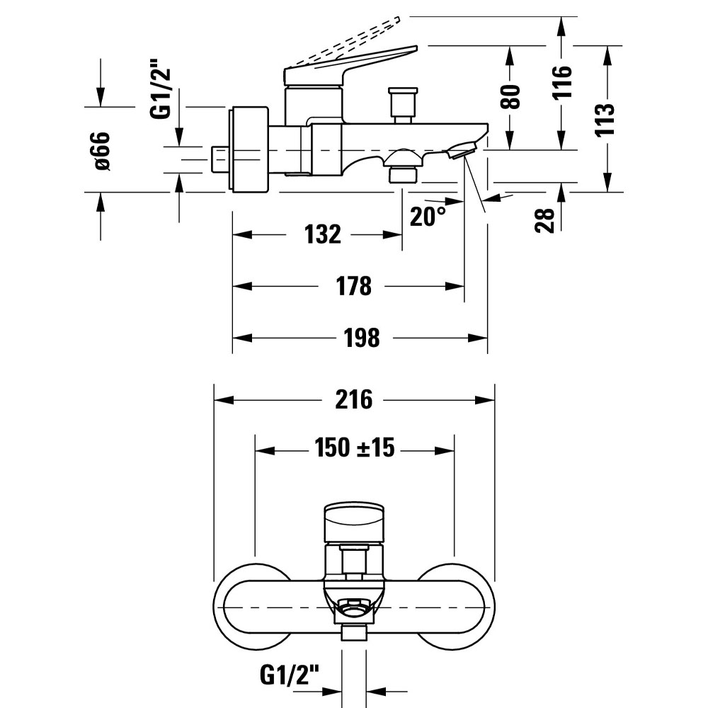 Duravit Wave exposed bath mixer technical dimensions