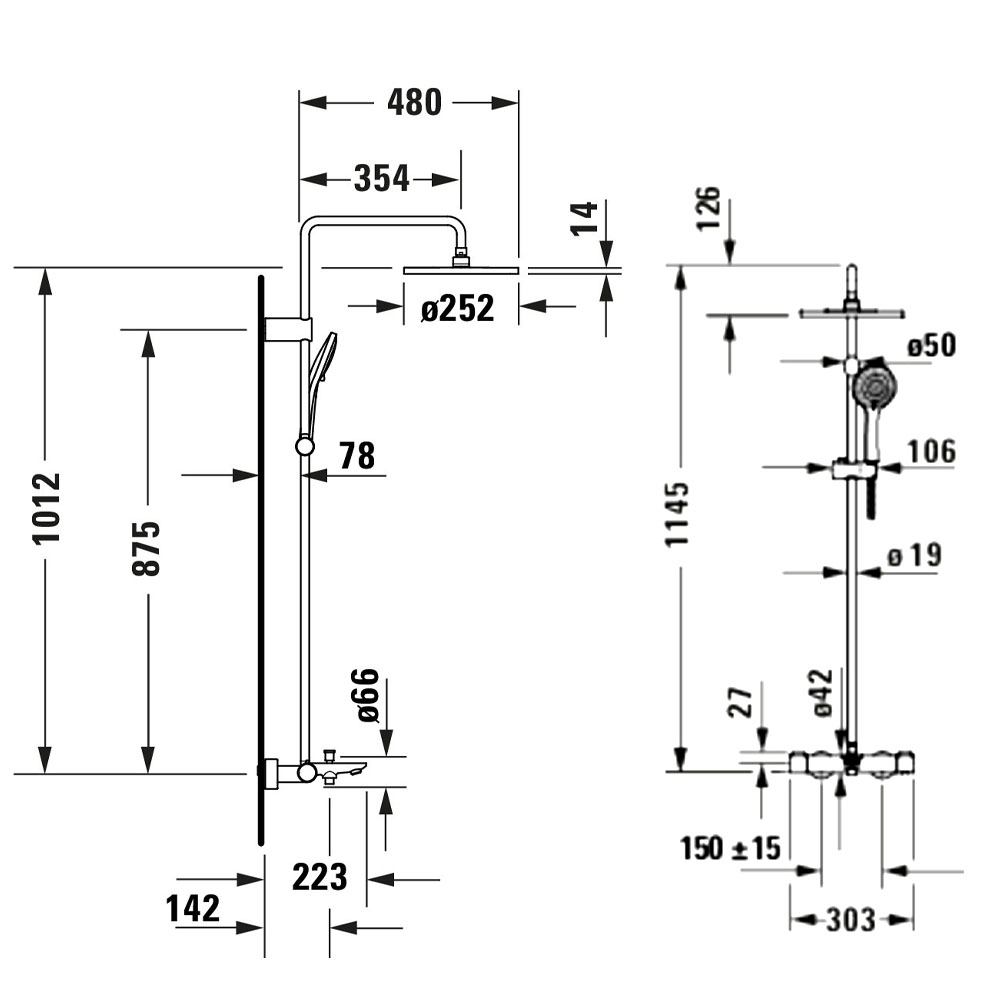 Duravit Wave thermostatic 3-way shower system technical dimensions