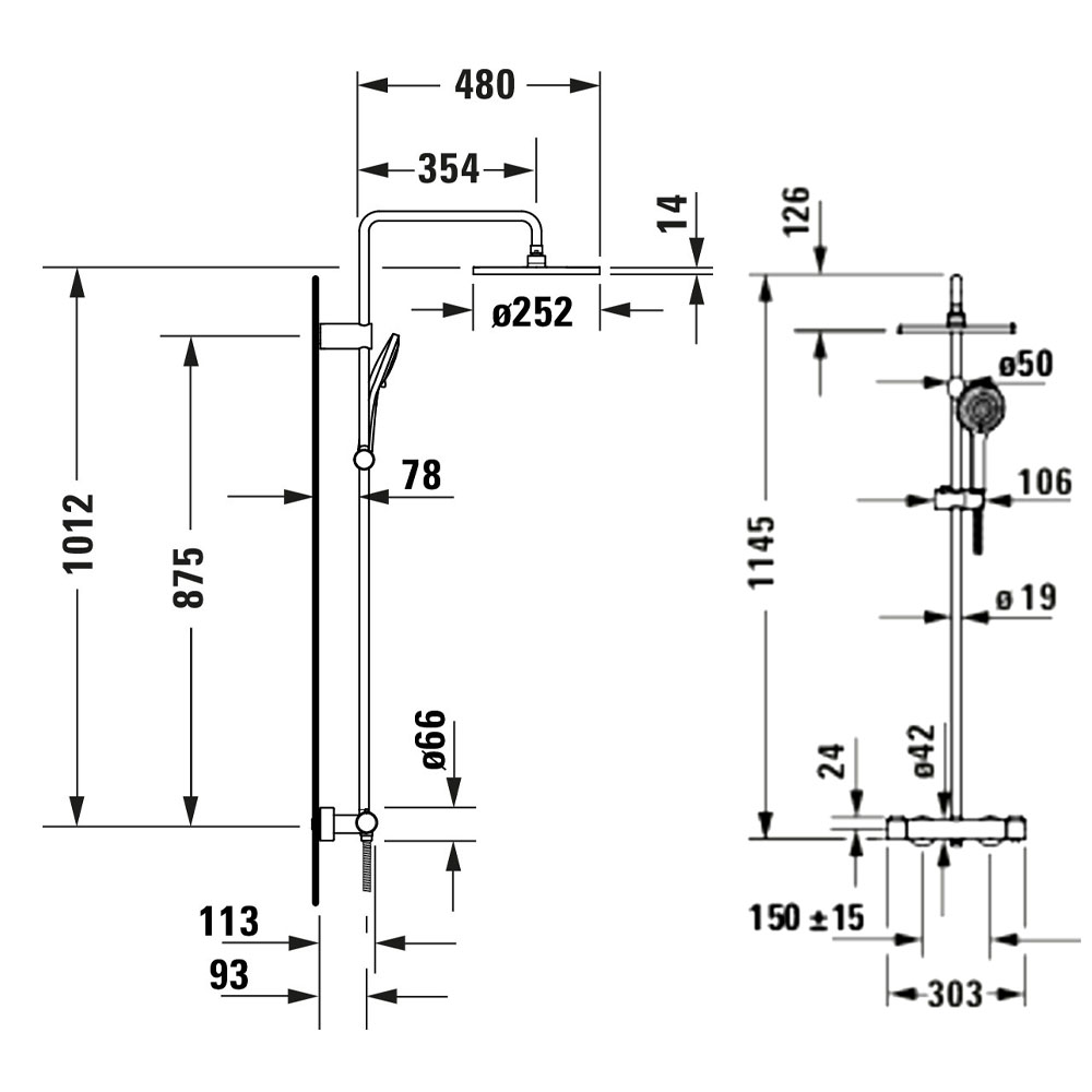 Duravit Wave thermostatic shower system technical dimensions
