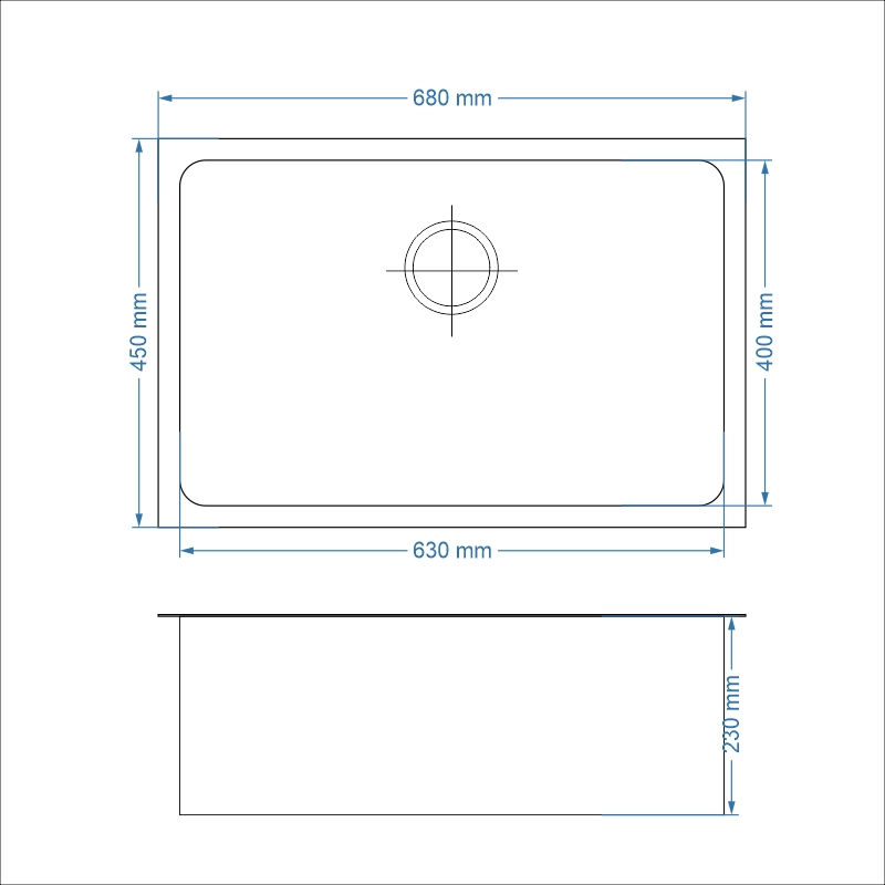 MONIC MBX-680 plan and elevation: 680 by 450 mm outer, 630 by 400 mm bowl, 230 mm height