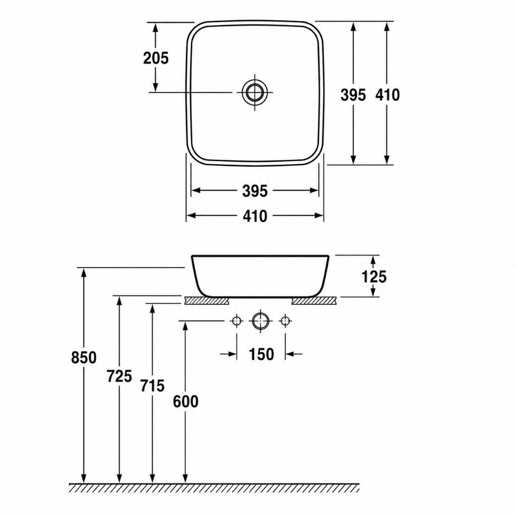 Villeroy & Boch Artis 41784101 plan, elevation and installation dimensions (mm)