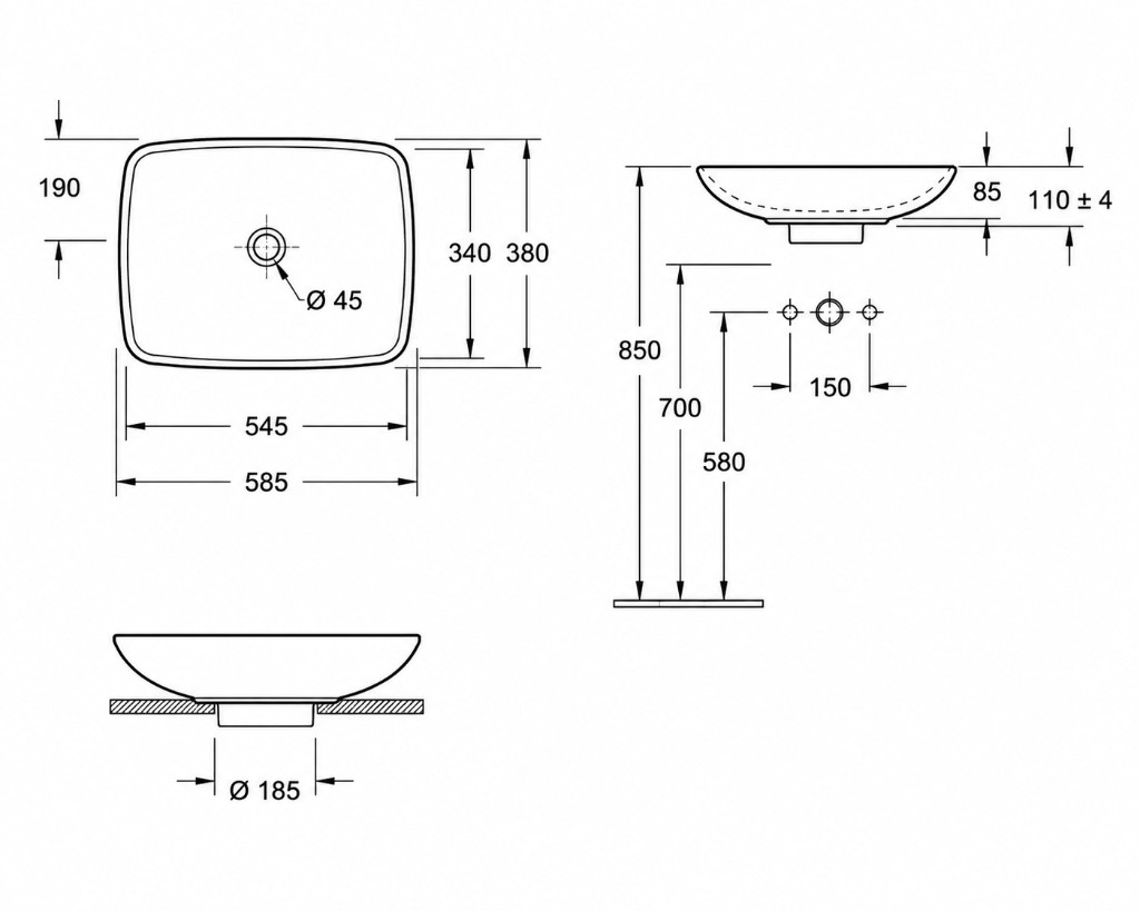 Villeroy & Boch Loop & Friends 51540001 plan, elevation and installation dimensions (mm)