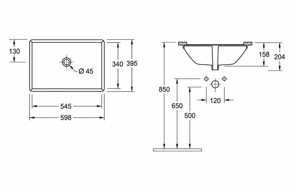 Villeroy & Boch Lunea 51225301 plan, elevation and installation dimensions (mm)