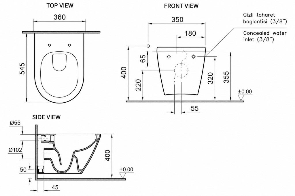 VitrA Integra wall hung WC technical dimensions diagram
